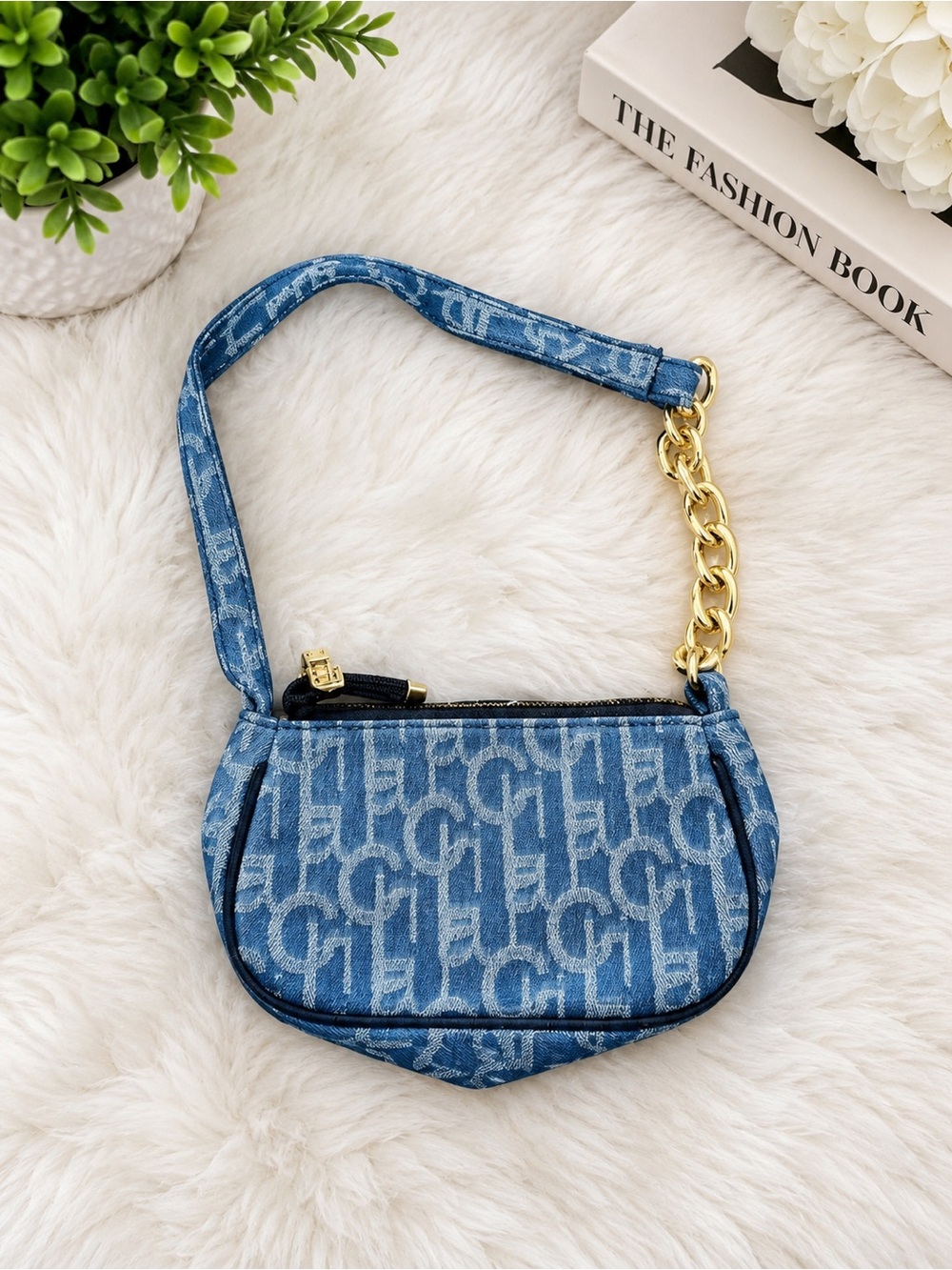 Blue Monogram Denim Shoulder Bag with Gold Chain Accent
